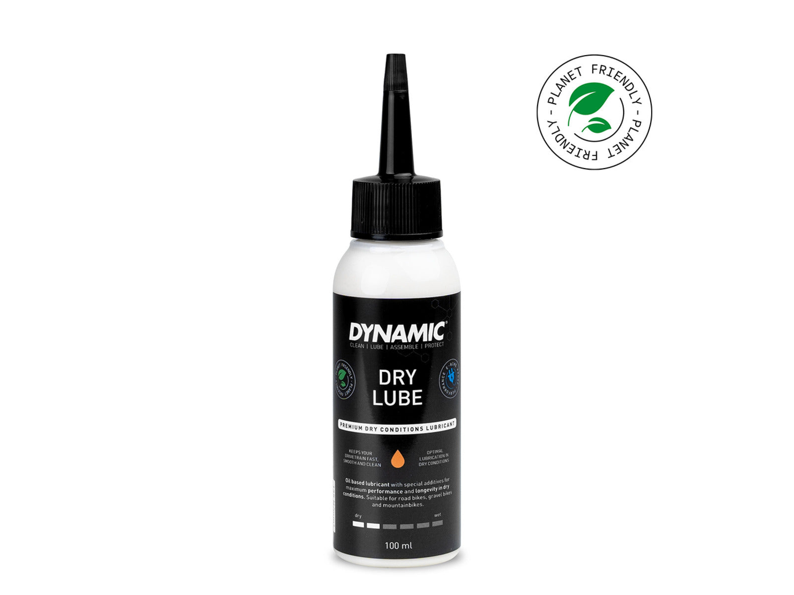 Dynamic Dry Lube Premium 100ml bottle. Effektiv, miljøvenlig kædeolie, perfekt til brug i meget tørt føre.