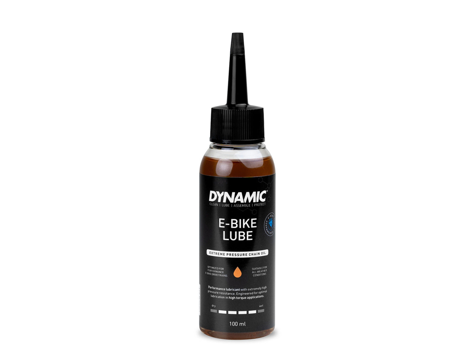Dynamic E-Bike Lube 100ml bottle. Effektiv kædesmøring til kæden på din elcykel. meget miljøvenligt produkt.