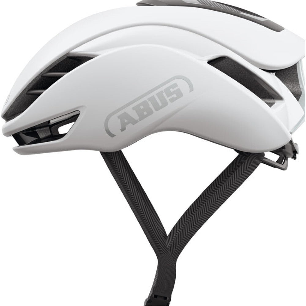 Abus GameChanger racercykelhjelm i hvid, vist fra siden. Sikkerhed, komfort og aerodynamik i topklasse. Til den seriøse landevejsrytter
