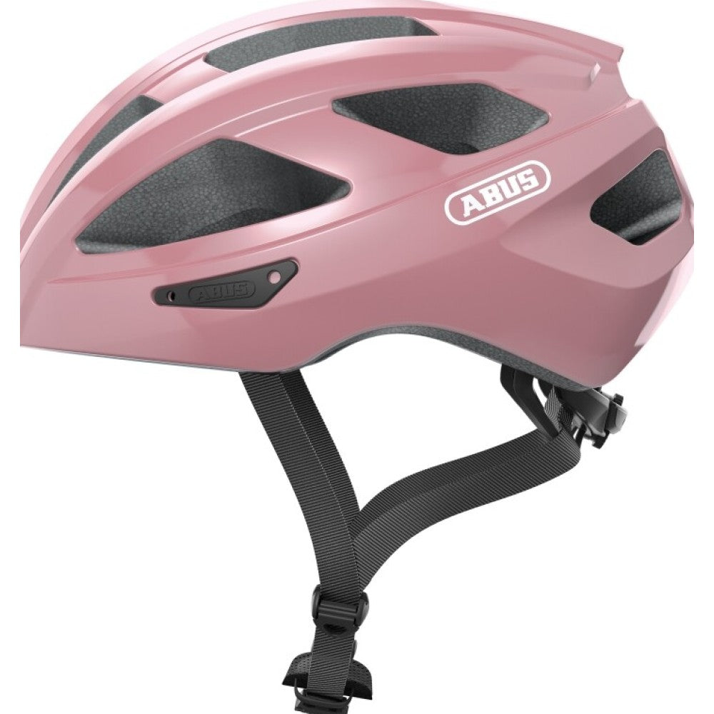 Abus Macator cykelhjelm i pink, set fra siden. Stærk, sikker og alsidig hjelm, anvendelig til såvel by som landevej. Sikkerhed og øgte tysk kvalitet fra verdenskendte Abus