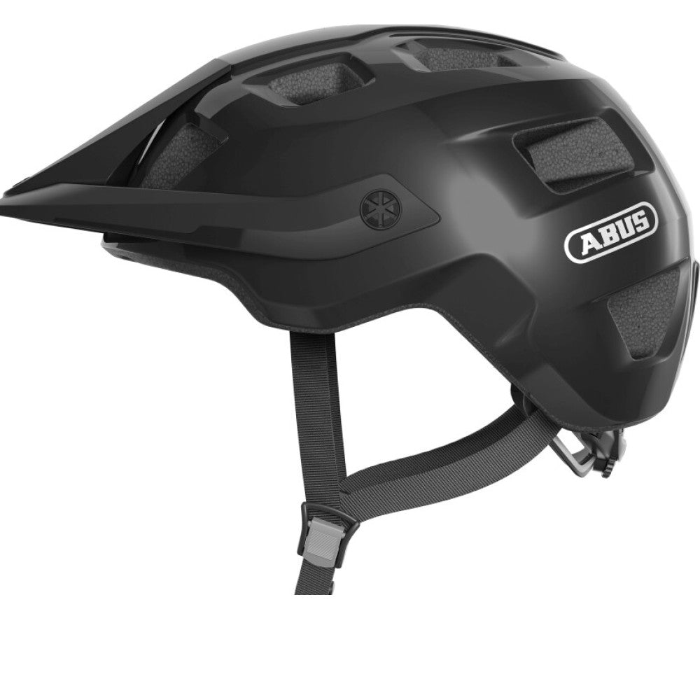 Abus MoTrip MTB-hjelm I sort, set fra siden. Fantastisk sikkerhed, pasform og ventilation, samt praktisk visir. Abus står for kvalitet og sikkerhed