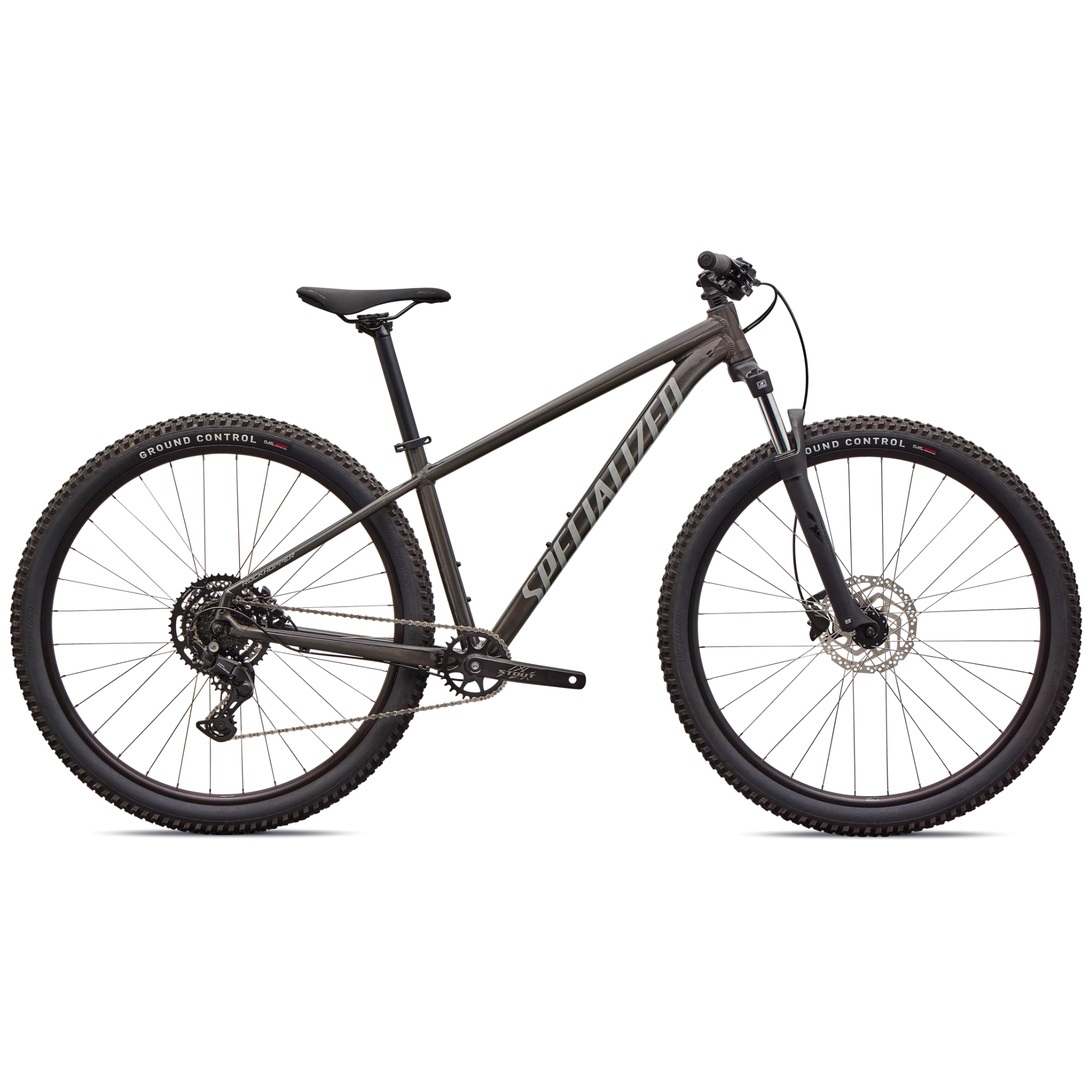 Grå Specialized Rockhopper Sport - 2026, set fra siden Stærk, let og adræt hardtail-mountainbike til fn pris. Kvalitet fra Specialized.