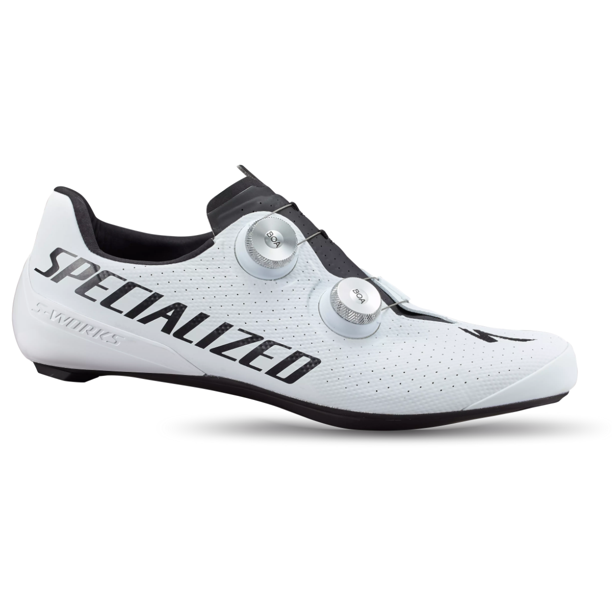Hvid Specialized S-WORKS Torch landevejssko med sort sål. Skoen er set fra siden, på hvid baggrund. Eksklusiv kvalitet fra amerikanske Specialized