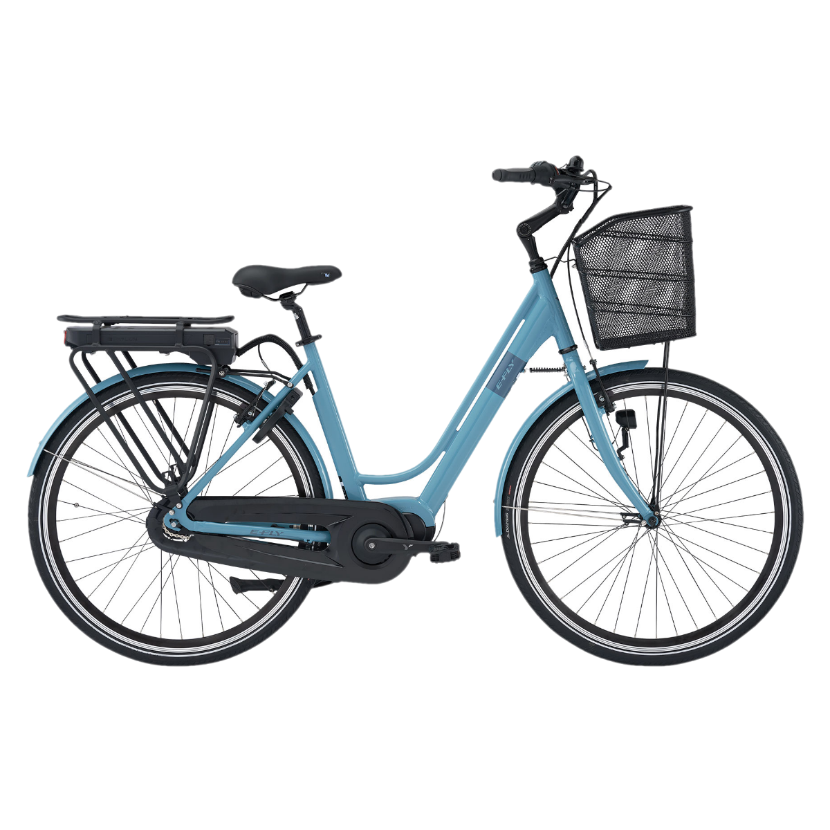 Lyseblå E-Fly Nova Max IV N7, set fra siden. Klassisk elcykel med lav indstigning, stærk motor og masser af udstyr, i den kendte danske kvalitet fra E-Fly