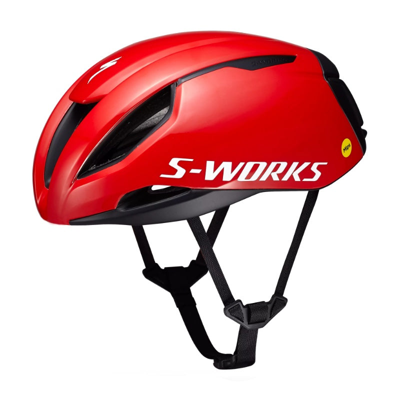 Specialized S-WORKS Evade 3 hjelm i rød, vist fra siden. Eksklusiv kvalitet fra amerikanske Specialized. Perfekt til den ambitiøse landevejsrytter.