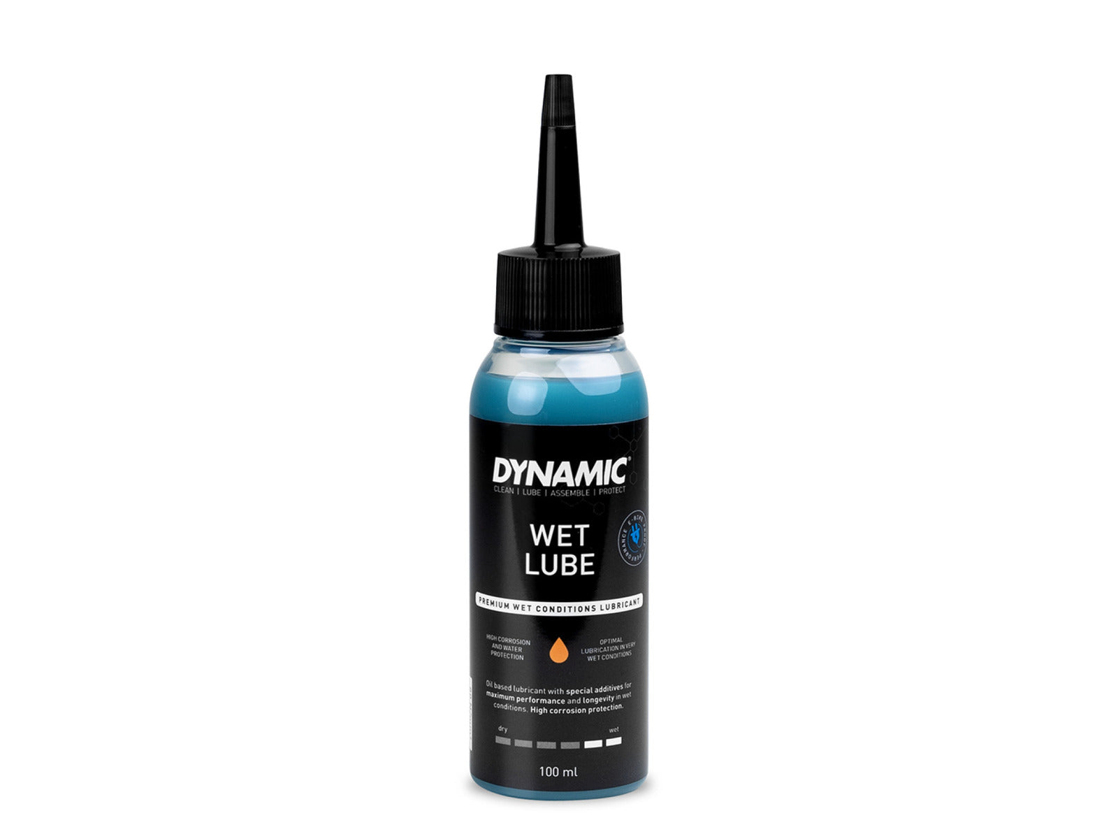 Dynamic Wet Lube 100ml bottle. Miljøvenlig kædeolie, perfekt til brug i vådt føre. 