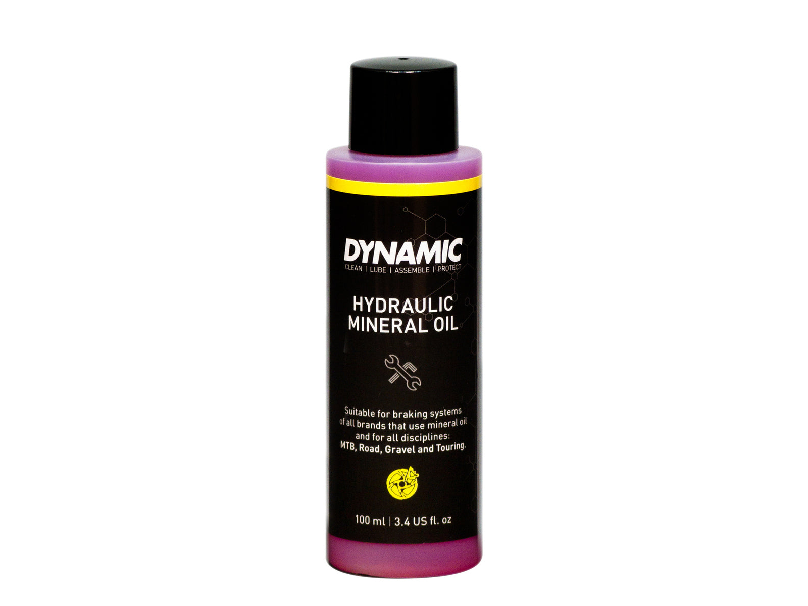 Dynamic Hydraulic Mineral Oil 100ml bottle. MIljøvenlig mineralolie til dine hydrauliske skivebremser. Kvalitet fra Dynamic. 