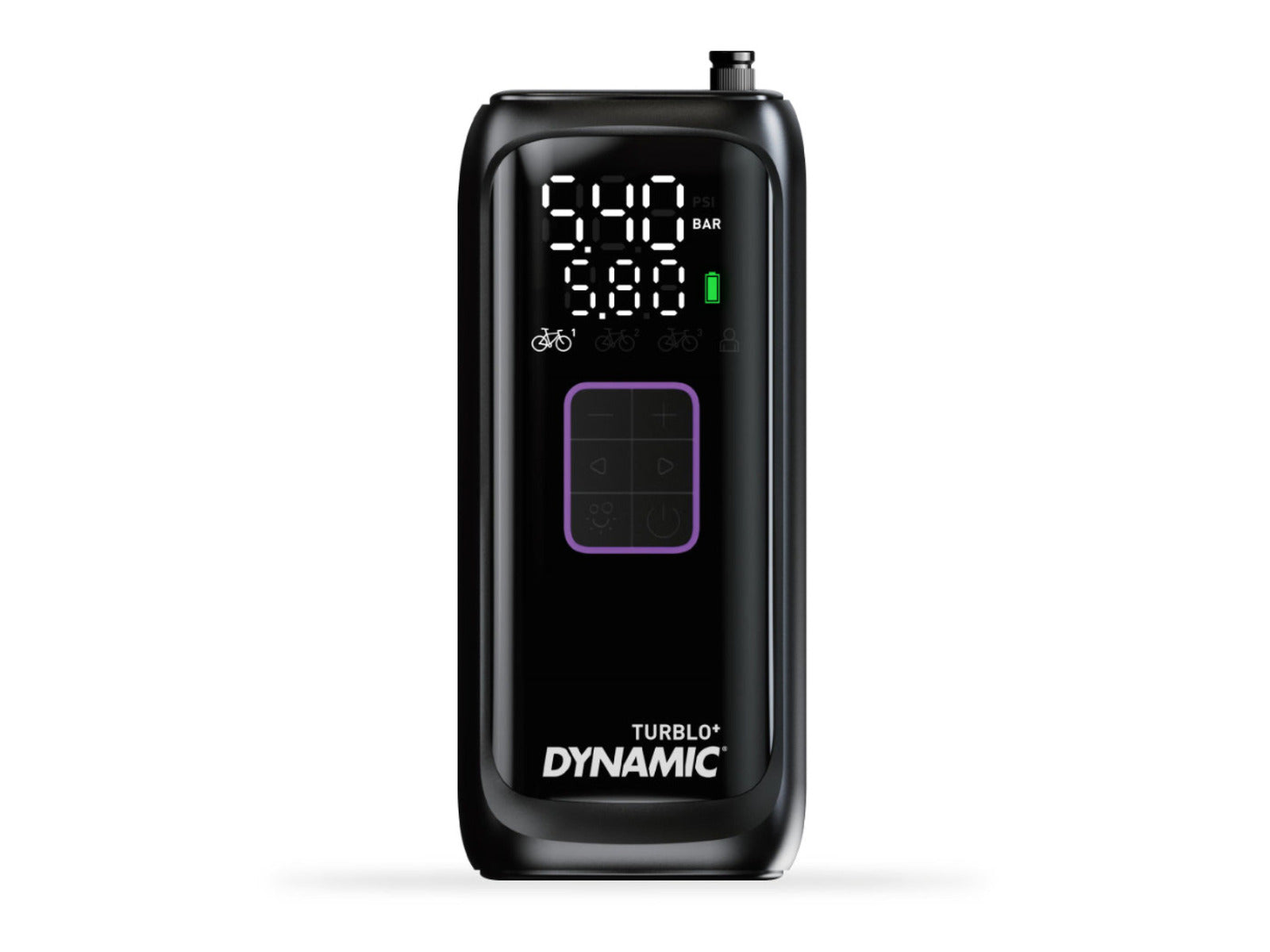 Dynamic Turblo+ E-Pump up to 10 bar. LIlle, men effektiv, elektrisk cykelpumpe til både landevejs- og MTB-dæk. Op til 10 bar.  