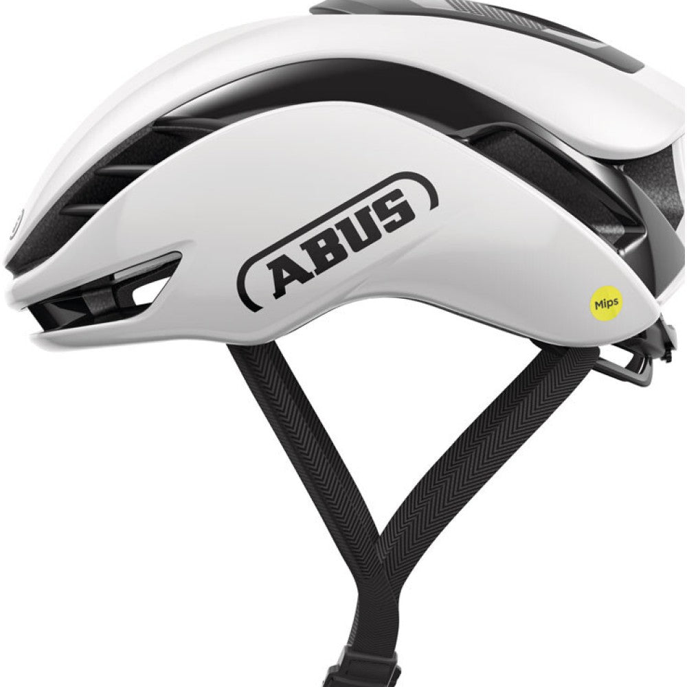 Abus GameChanger MIPS racercykelhjelm i hvid, vist fra siden. Sikkerhed, komfort og aerodynamik i topklasse. Til den seriøse landevejsrytter