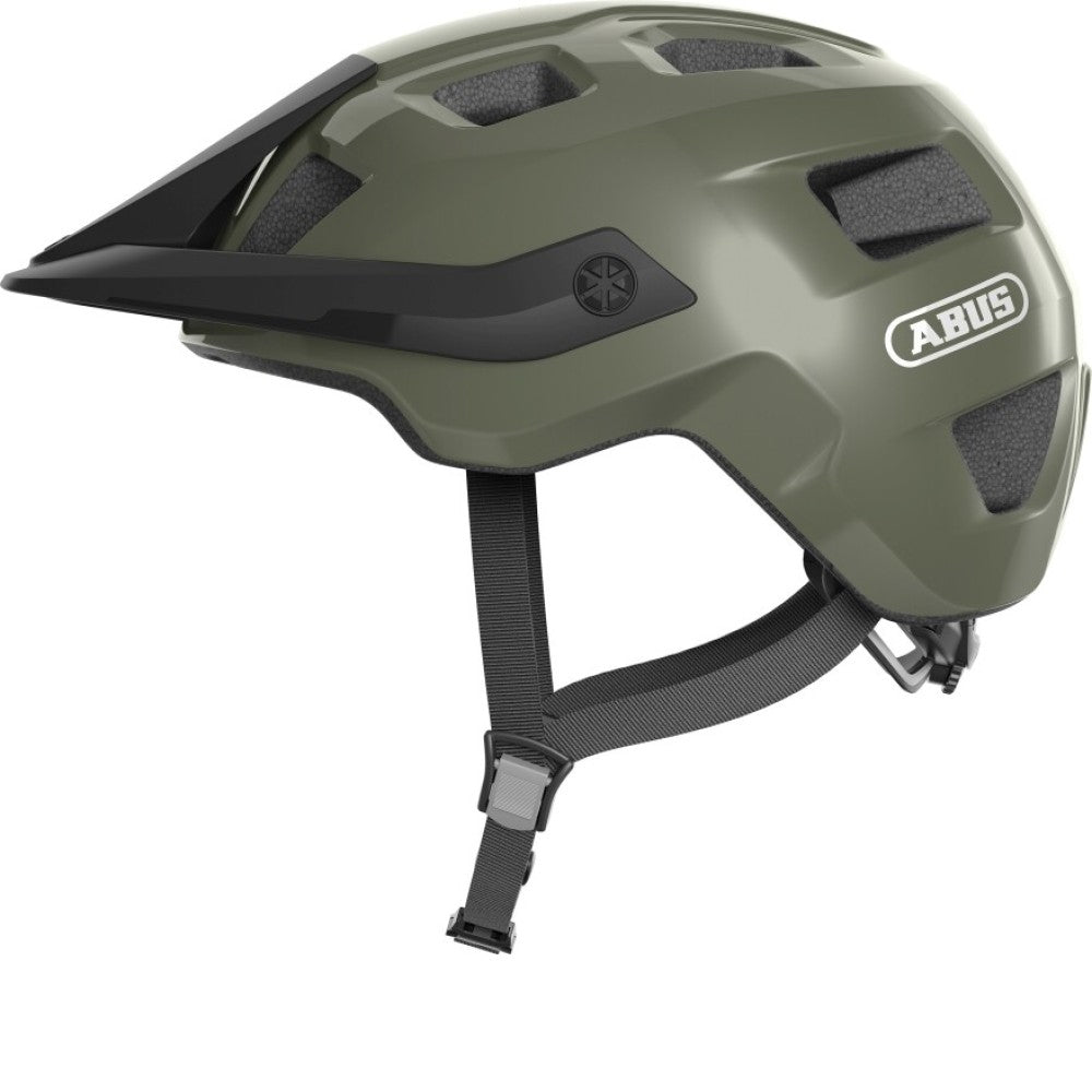 Abus MoTrip MTB-hjelm I mørkegrøn, set fra siden. Fantastisk sikkerhed, pasform og ventilation, samt praktisk visir. Abus står for kvalitet og sikkerhed