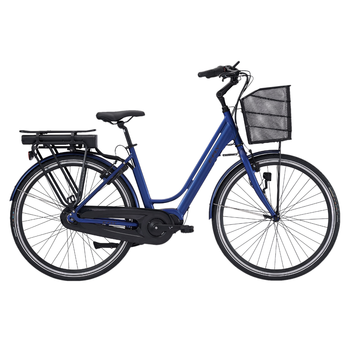 Mørkeblå E-Fly Nova Max IV N7, set fra siden. Klassisk elcykel med lav indstigning, stærk motor og masser af udstyr, i den kendte danske kvalitet fra E-Fly