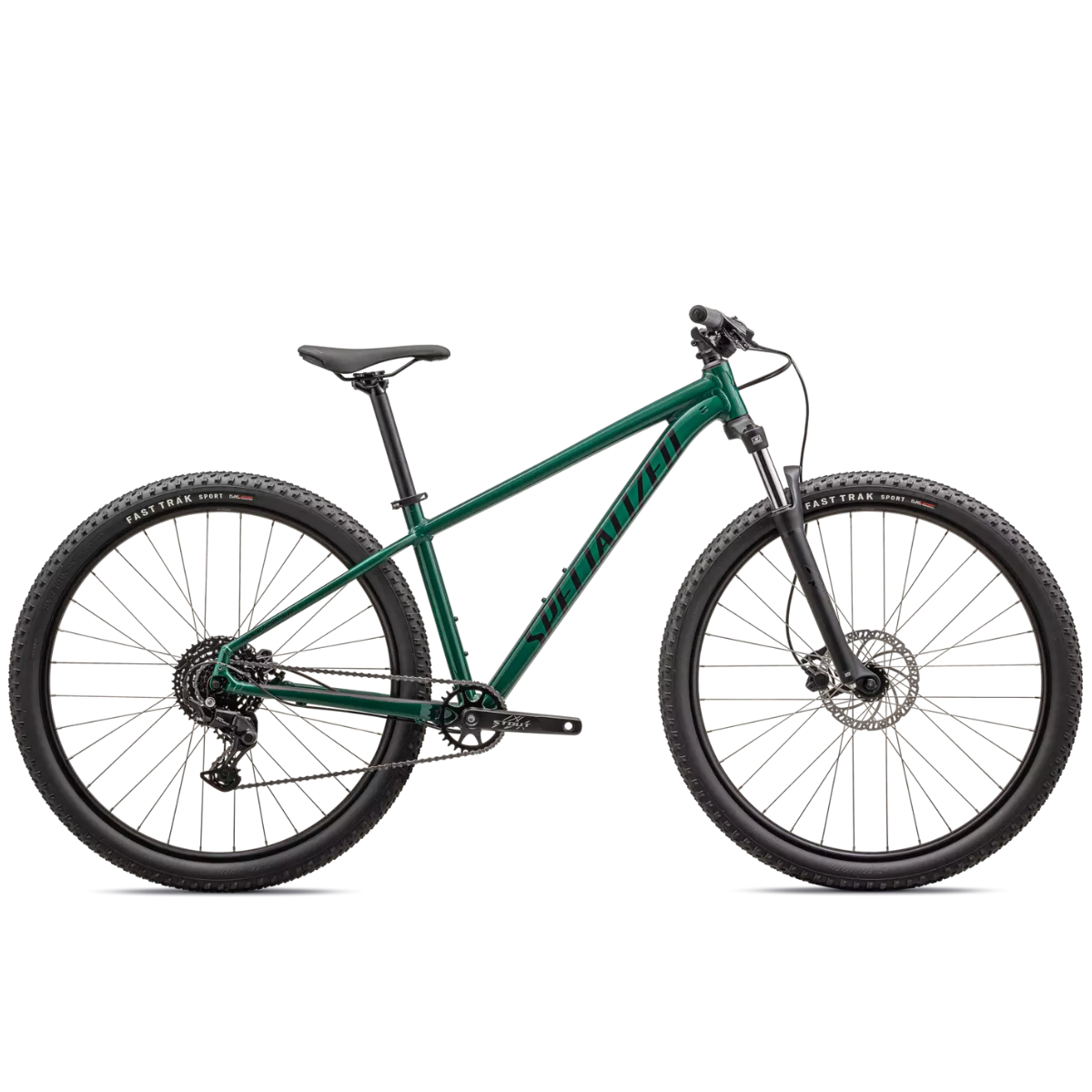 Grøn Specialized Rockhopper Sport, set fra siden, på hvid baggrund. Meget effektiv hardtail-MTB i den verdenskendte Specialized-kvalitet