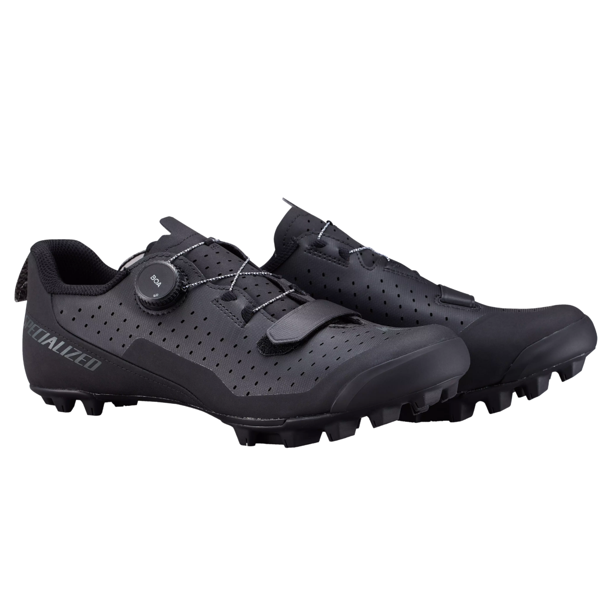 Sort Specialized Recon 2.0 MTB-cykelsko, vist fra siden, på hvid baggrund. Kvalitet, komfort, kvalitet og performance til MYTB-rytteren