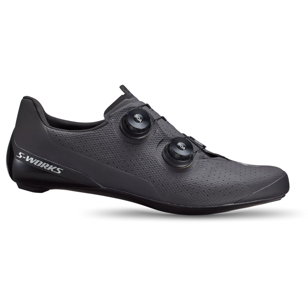 Sort Specialized S-WORKS Torch landevejssko med sort sål. Skoen er set fra siden, på hvid baggrund. Eksklusiv kvalitet fra amerikanske Specialized