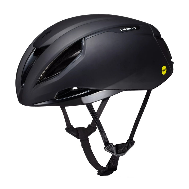 Specialized S-WORKS Evade 3 hjelm i sort, vist fra siden, og på hvid baggrund. Eksklusiv kvalitet fra amerikanskeSpecialized. Perfekt til den ambitiøse landevejsrytter.