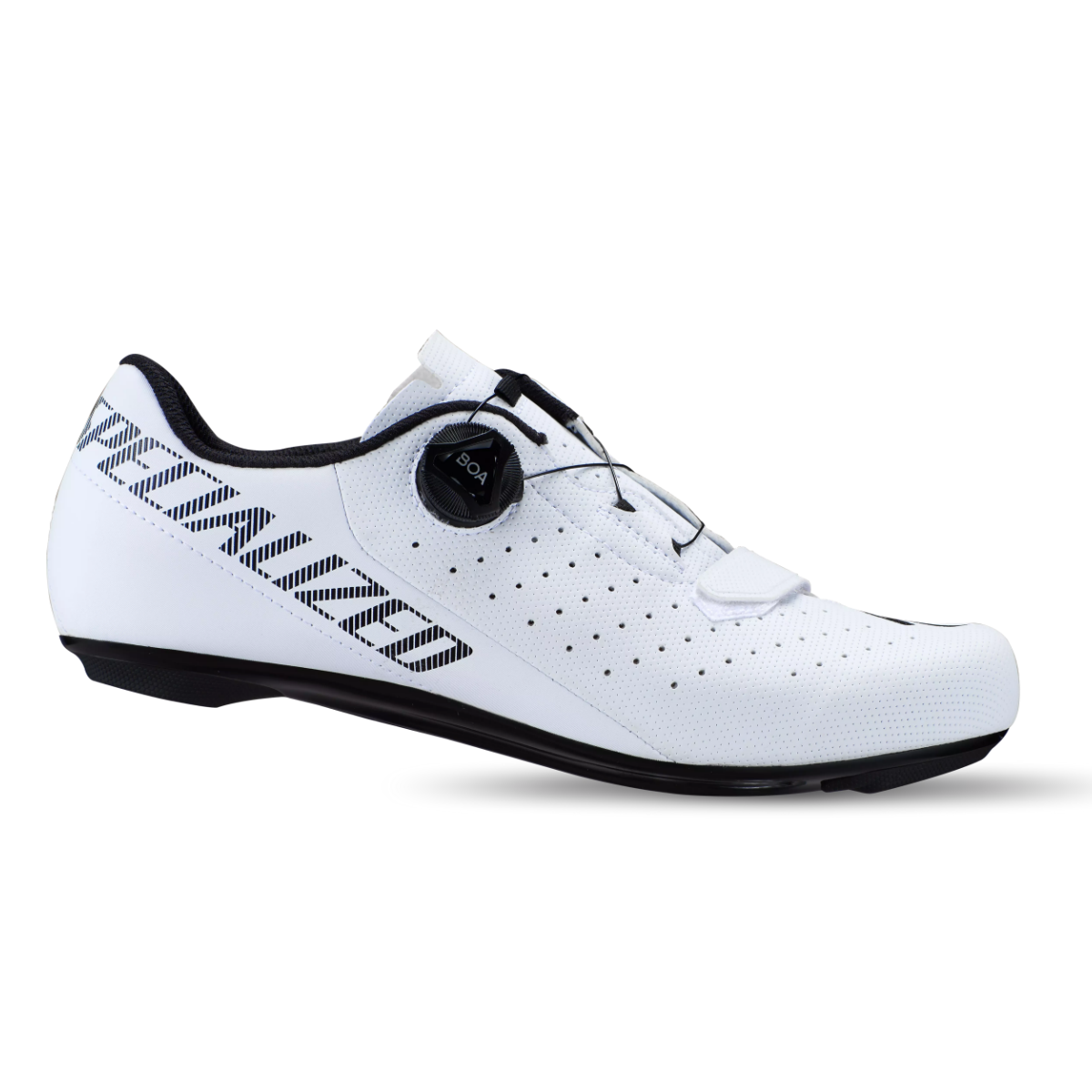 Speialized Torch 1.0 cykelsko i hvid, med sort sål. Vist på hvid baggrund. Super kvalitet og performance til landevejscykling.
